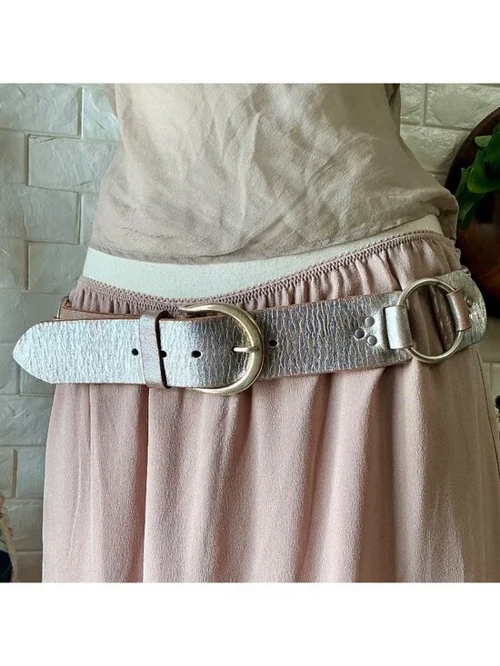 Vintage 90s Y2K Cache Metallic Silver Brushed Handmade Leather Woven Back Wide B - Picture 1 of 12